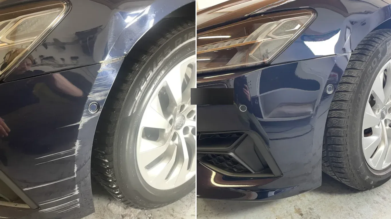 Kotflügel Audi dunkelblau — Vergleich vor und nach der Aufbereitung