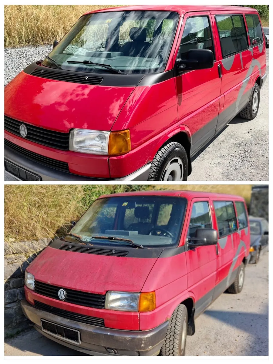 VW T4 Bus Seitenpartie — Vergleich vor und nach der Aufbereitung